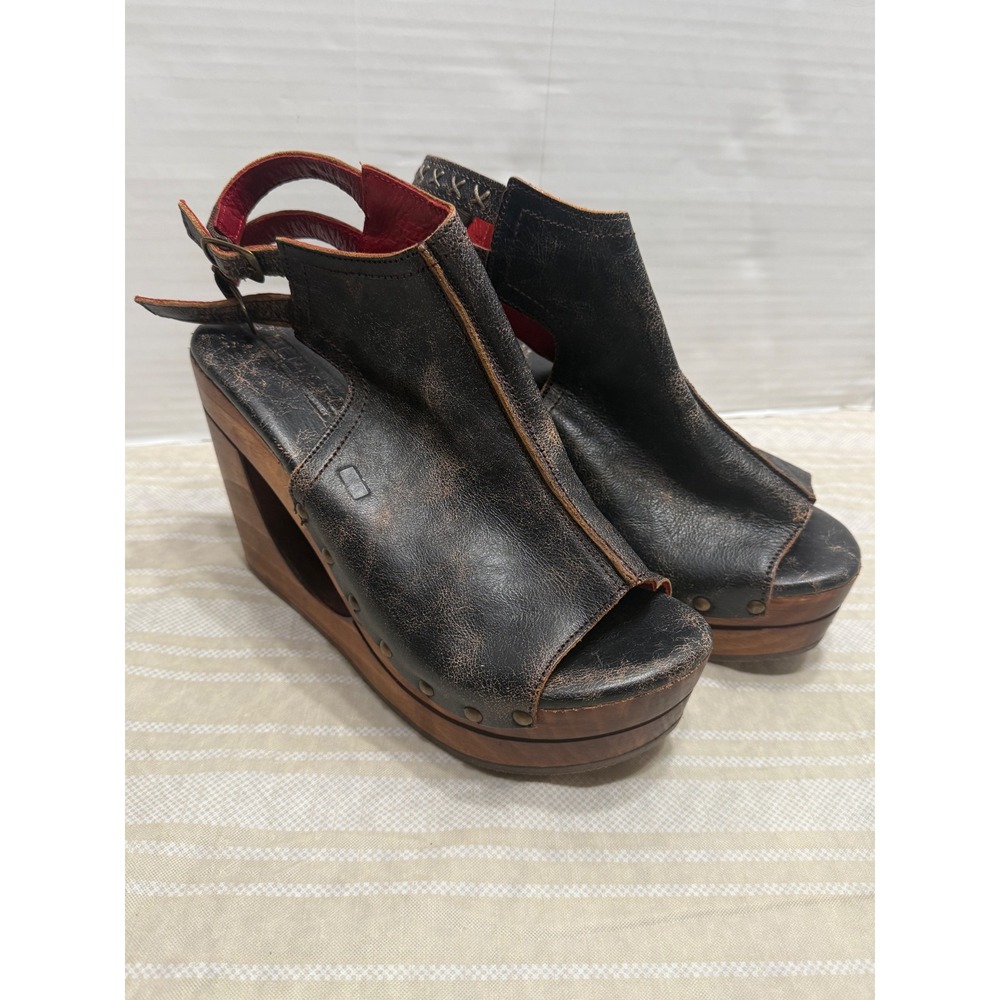 Bed Stu Distressed Leather Wood Platform Wedge Sandals Womens 10 Handcrafted
